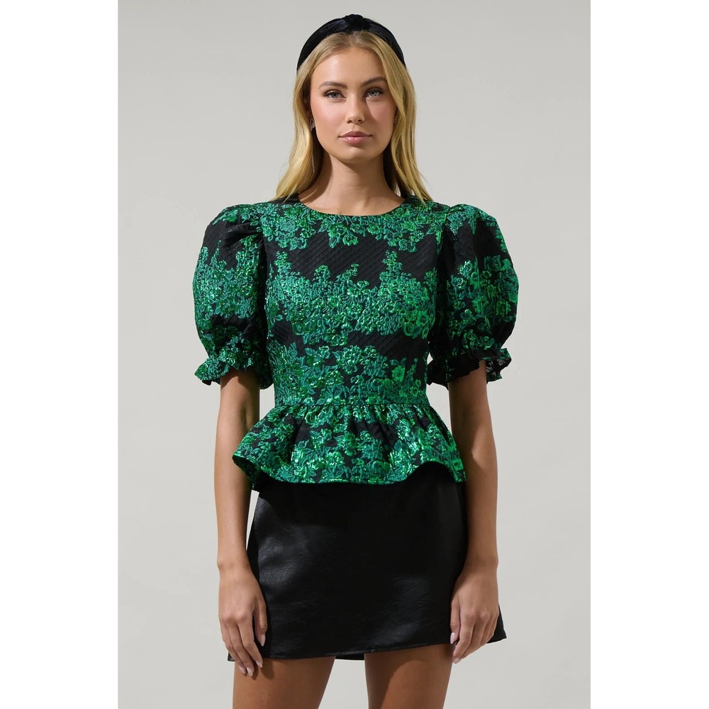 Sugarlips Green Black Floral Jacquard Heart Open Back Puff Sleeve Peplum Top S